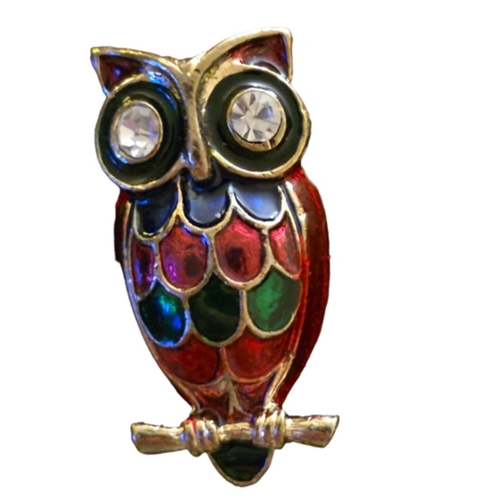Enamel on Brass Red Owl Shaped Brooch Pin with Rhinestone Eyes Lot 6